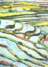 Reisterrassen - Bali, 1995, Aquarell, 85x61,5 cm
